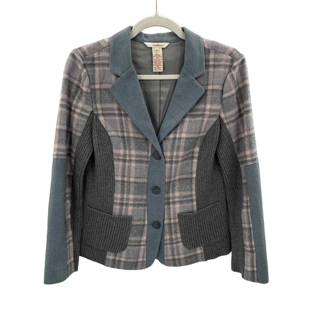Sundance Cardigan Sweater Jacket Womens 6 Petite Gray Blue Plaid Wool Blend